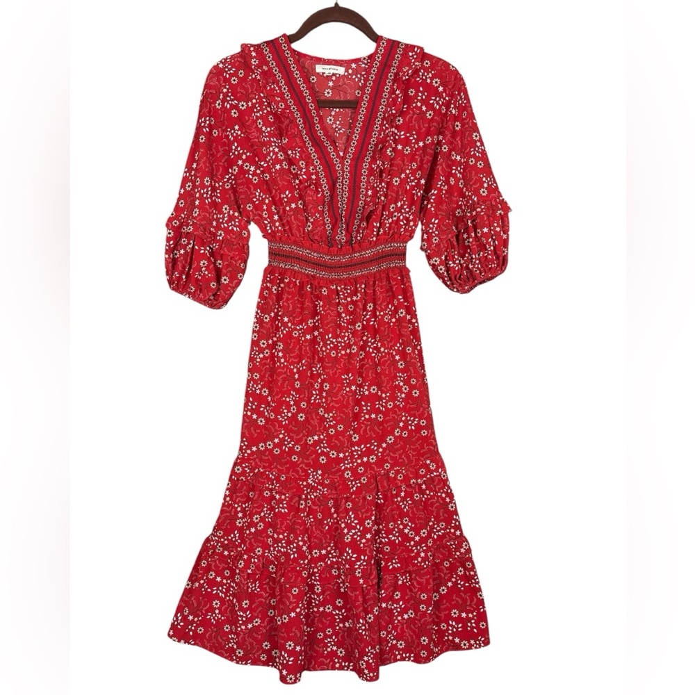 Max Studio Red/White Floral Puff Sleeves Empire Waist Ruffle Dress Size XS